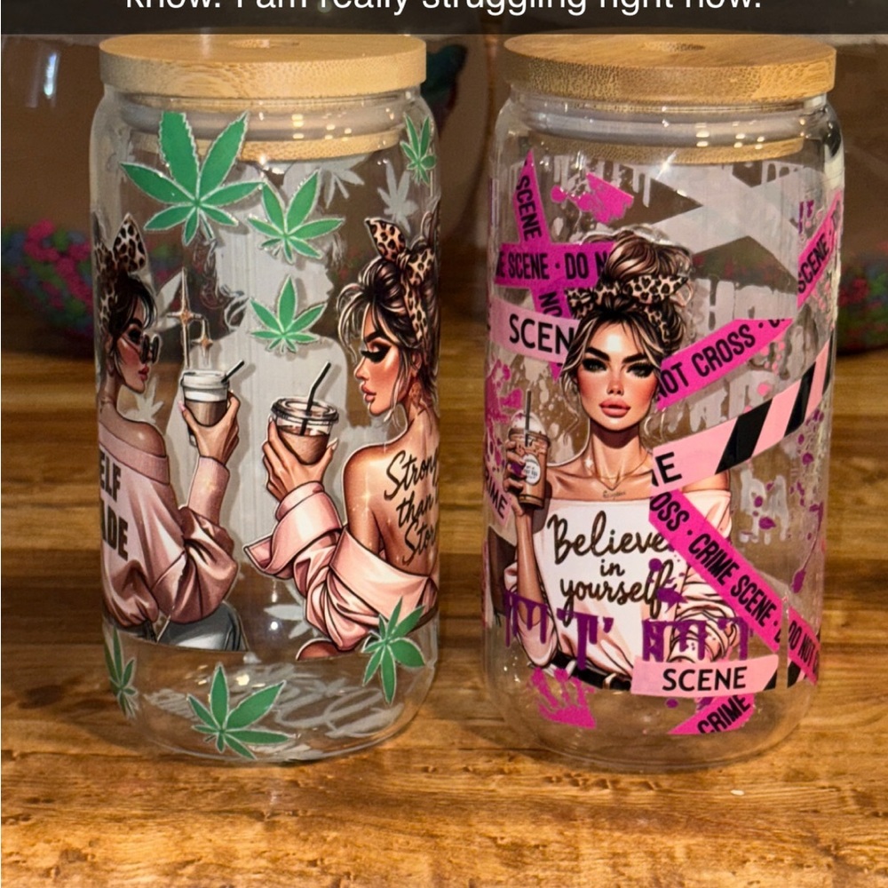 Stylish Glass Tumbler with Bamboo Lid - Green and Pink Design